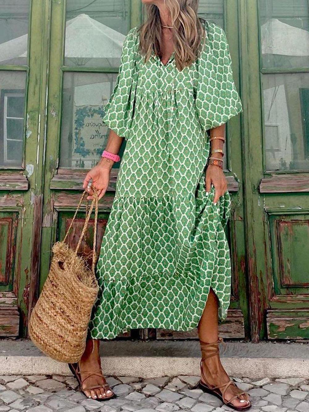CM | maxi vestido de mujer - cuello en V - falda con lazos - corte holgado - estilo casual ligero