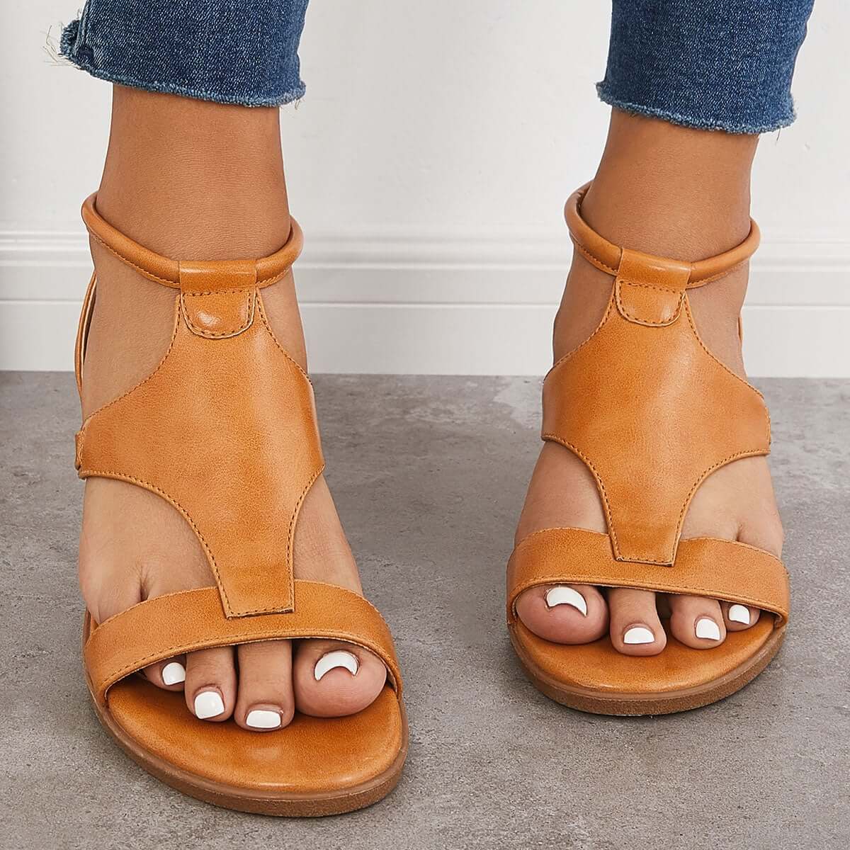 CM | T-Strap Sandalias de cuña baja Volver Cremallera Correa de tobillo Zapatos