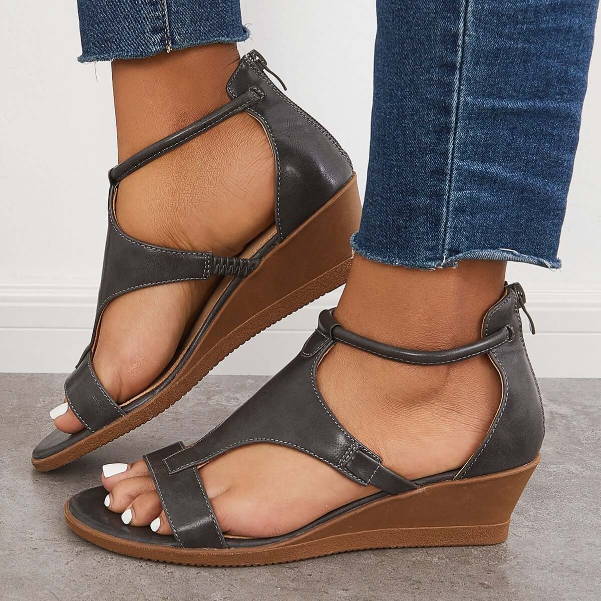 CM | T-Strap Sandalias de cuña baja Volver Cremallera Correa de tobillo Zapatos