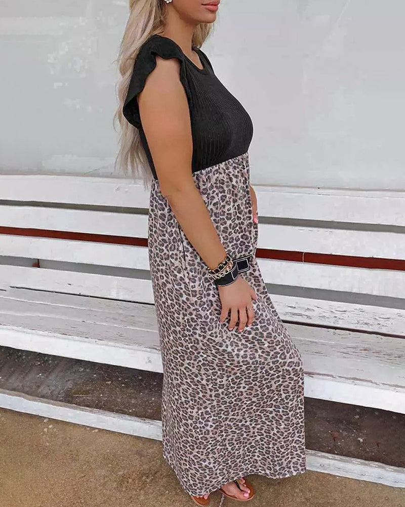 CM | Negro Leopardo Costura Vestido Largo Verano Cintura Adelgazar Maxi Vestido