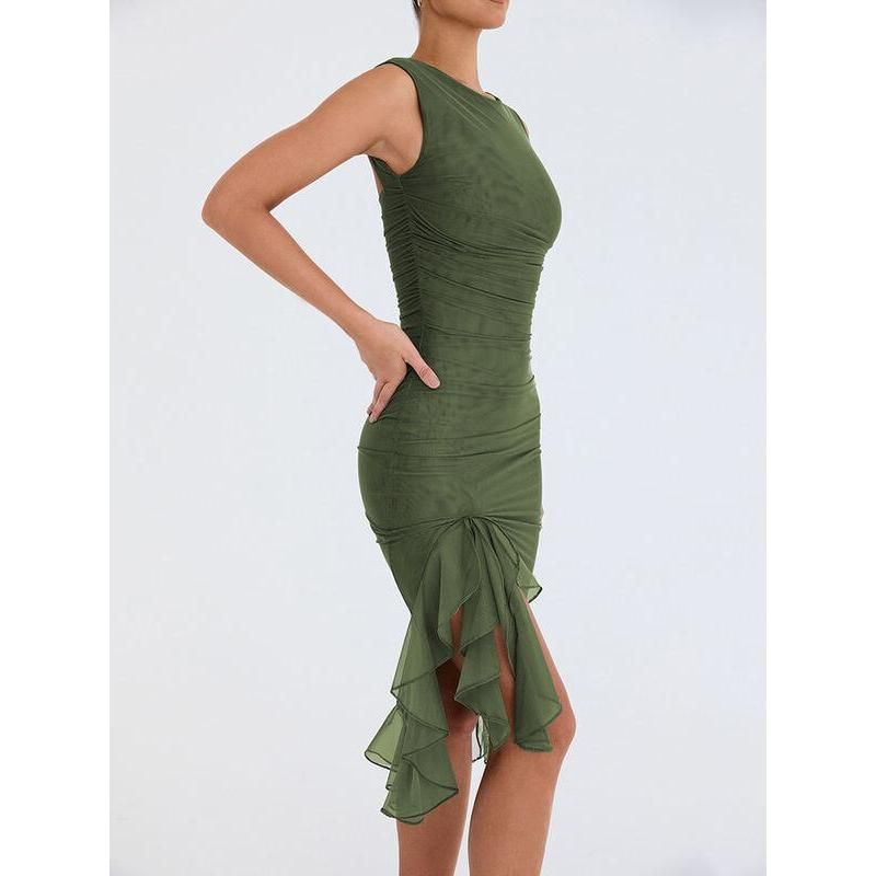 CM | Elegante vestido midi sin espalda con volantes