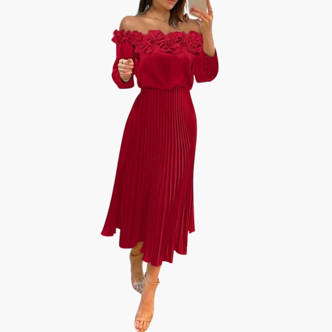 CM | maxi vestido de mujer con escote off-the-shoulder y falda plisada