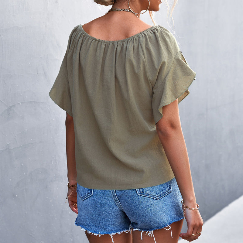 CM | Escote asimétrico Blusa de manga corta con nudo fijo delante