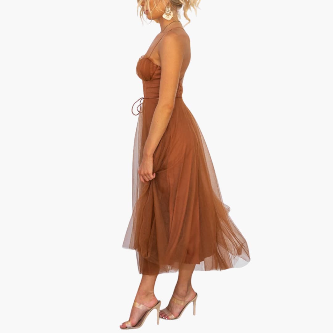 CM | maxi vestido de tul para mujer con tirantes finos y busto fruncido