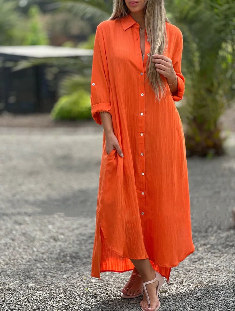 CM | Vestido camisero casual monocolor de señora con tapeta de botones