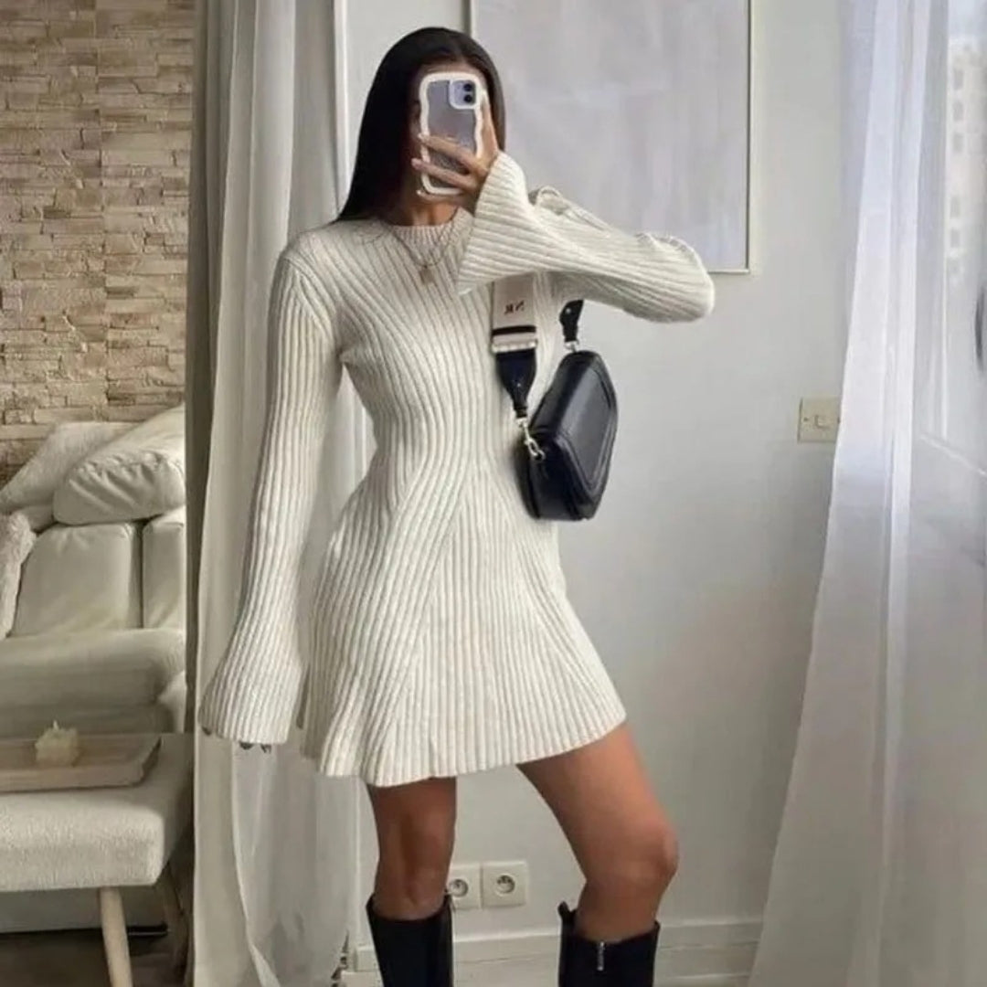 CM | Minivestido de punto de canalé de manga larga para mujer