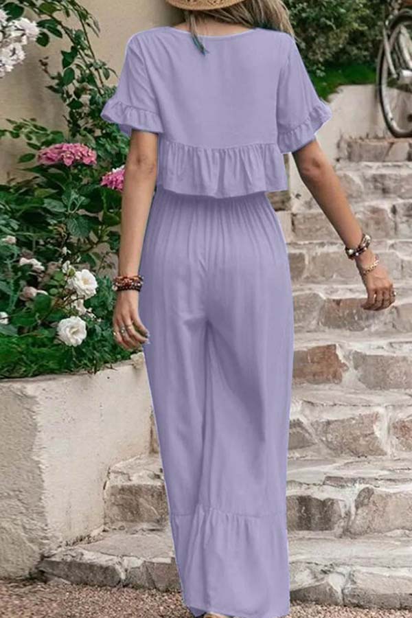 CM | Casual suelto monocolor pantalones de manga corta de pierna ancha conjunto de dos piezas