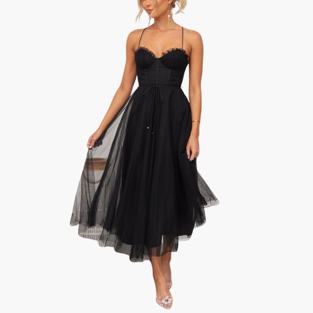 CM | maxi vestido de tul para mujer con tirantes finos y busto fruncido