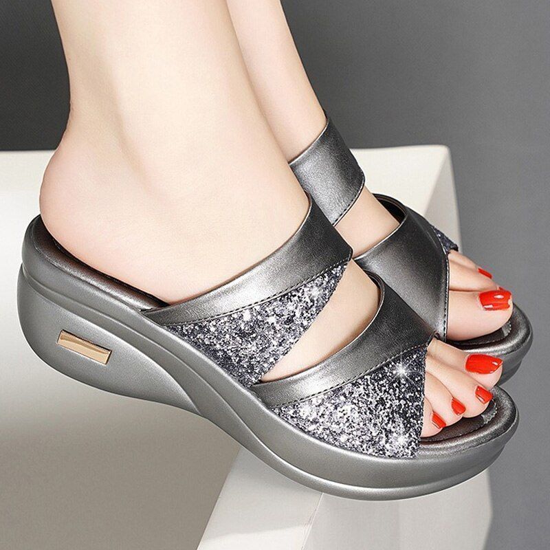 CM | Verano Glitter PU Cuña Plataforma Cómodas Sandalias para Mujer