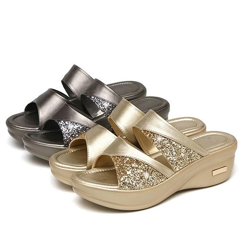 CM | Verano Glitter PU Cuña Plataforma Cómodas Sandalias para Mujer