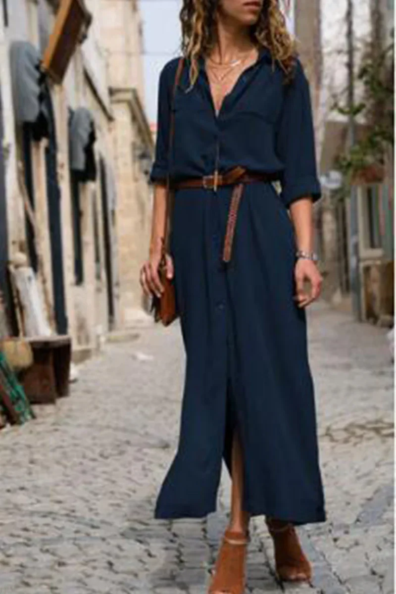 CM | Vestido camisero informal con cuello vuelto y patchwork monocromo (6 colores)