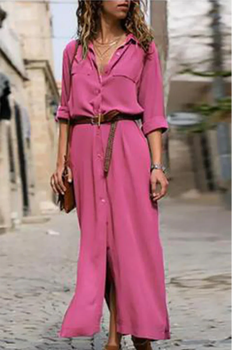 CM | Vestido camisero informal con cuello vuelto y patchwork monocromo (6 colores)