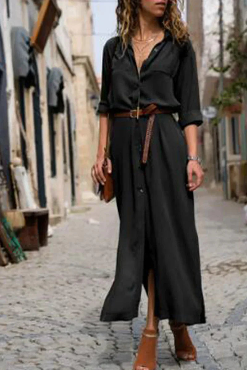 CM | Vestido camisero informal con cuello vuelto y patchwork monocromo (6 colores)