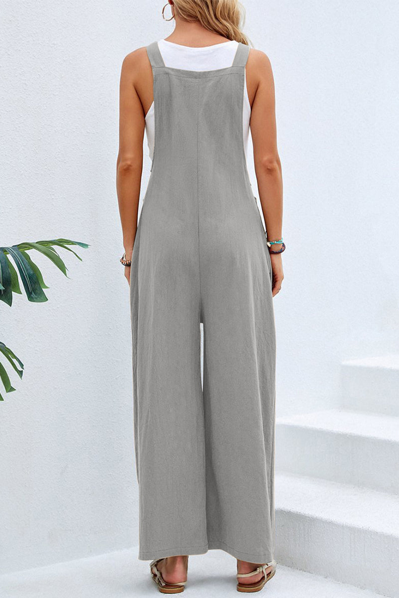 CM | Casual vacaciones botones sólidos cuello cuadrado monos sueltos (10 colores)