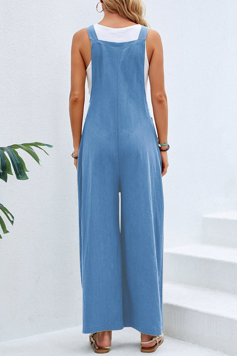 CM | Casual vacaciones botones sólidos cuello cuadrado monos sueltos (10 colores)