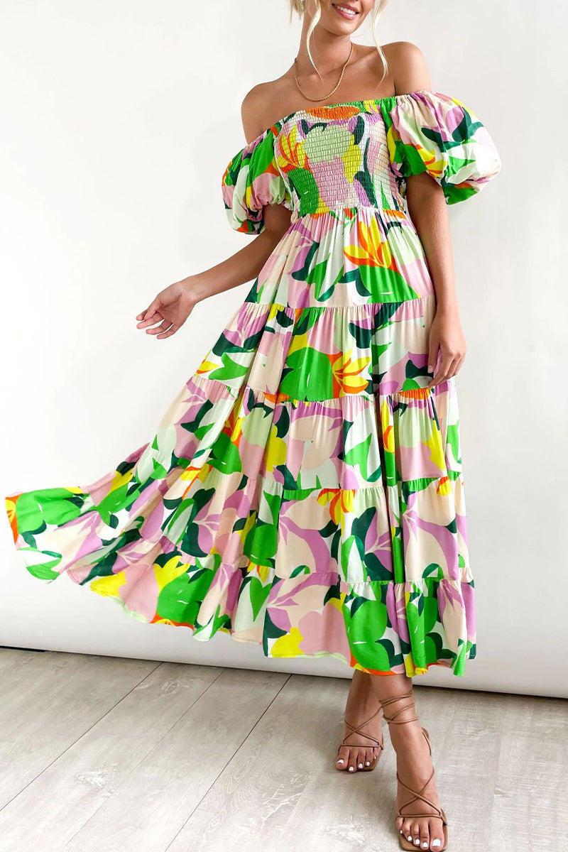 CM | Vestido largo estampado con hombros descubiertos