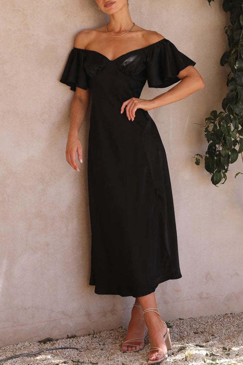 CM | Vestido midi de satén con estampado bardot