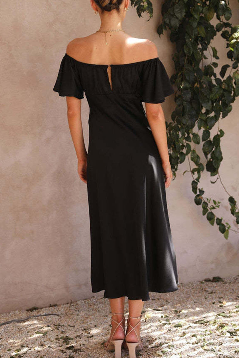 CM | Vestido midi de satén con estampado bardot