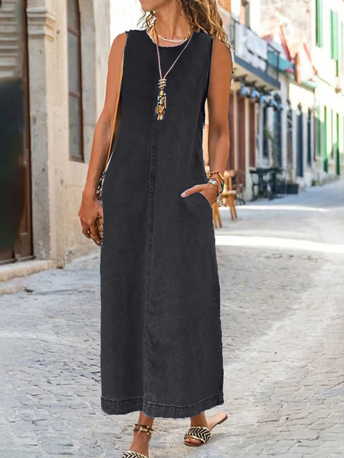 CM | Verano Monocolor Escote redondo Vestido largo vaquero