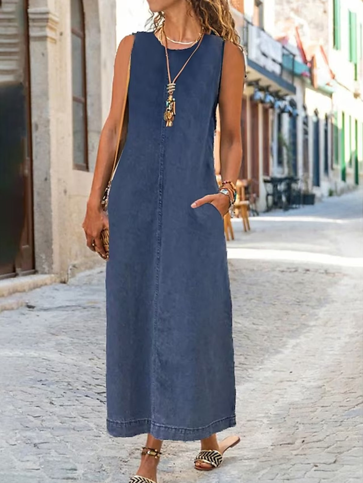 CM | Verano Monocolor Escote redondo Vestido largo vaquero