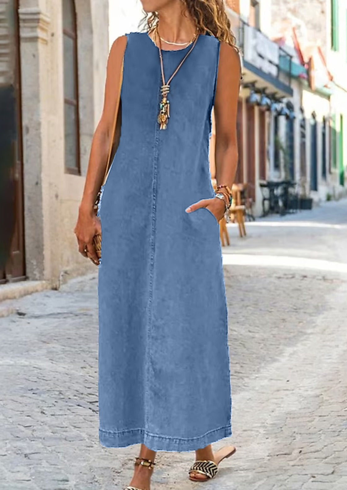 CM | Verano Monocolor Escote redondo Vestido largo vaquero