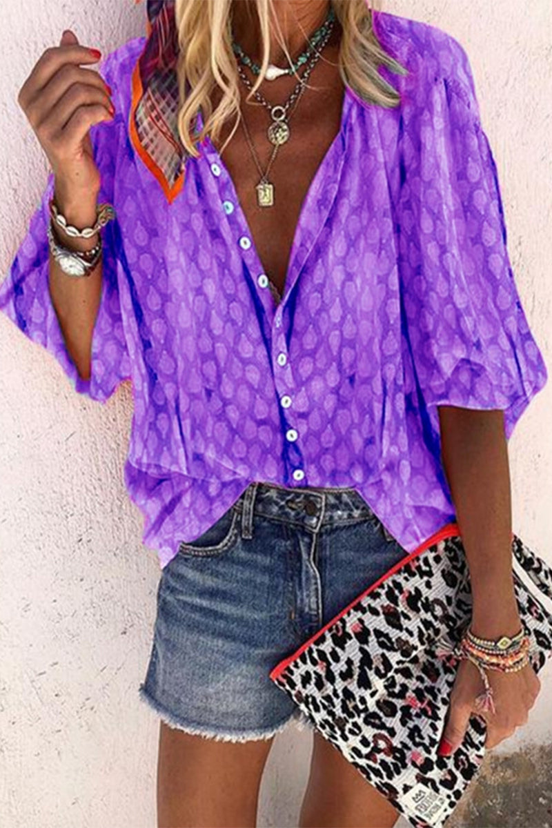 CM | Casual Imprimir Botones Cuello vuelto Blusas (6 Colores)