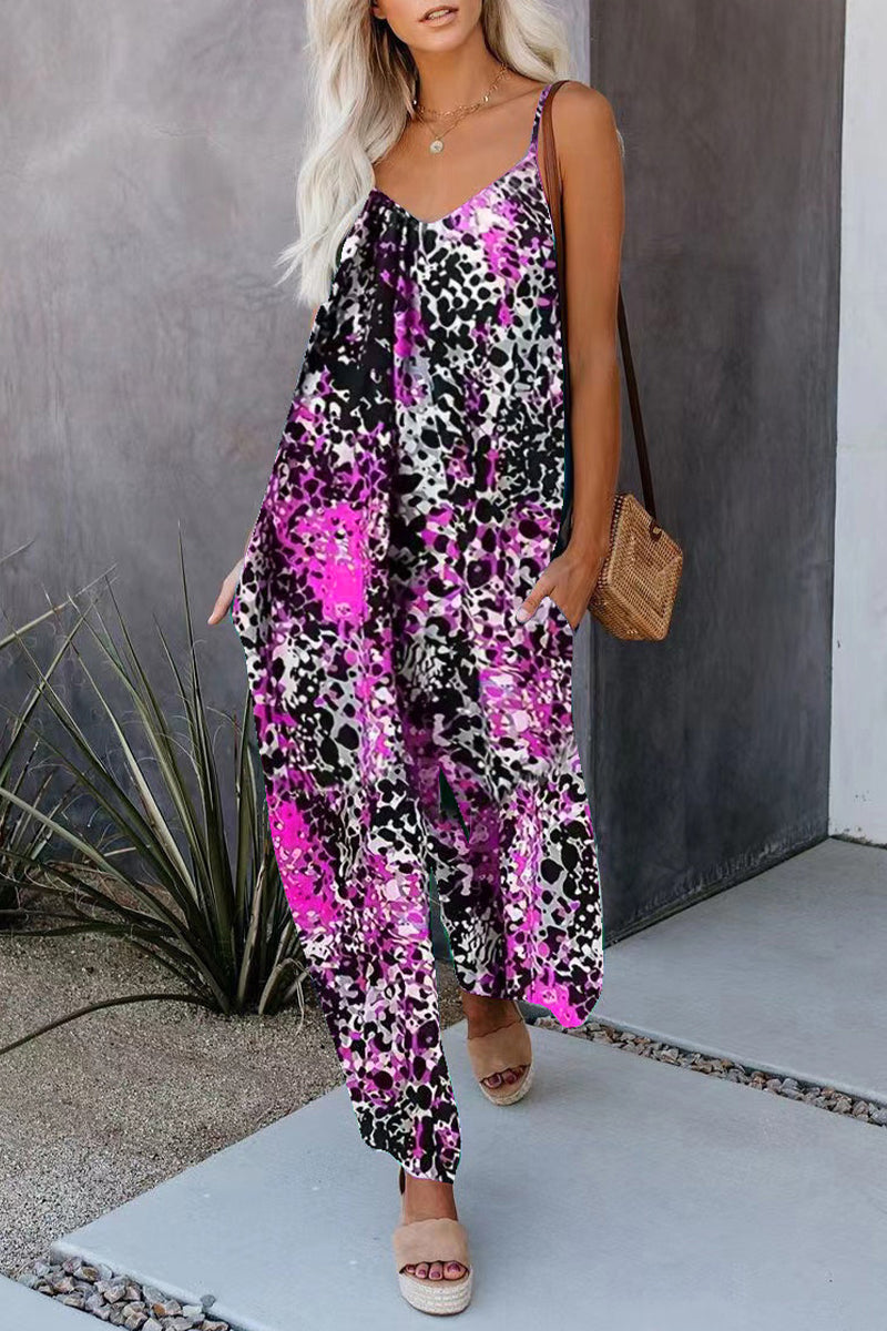 CM | Casual Street Print Pocket V-Neck Loose Jumpsuits
