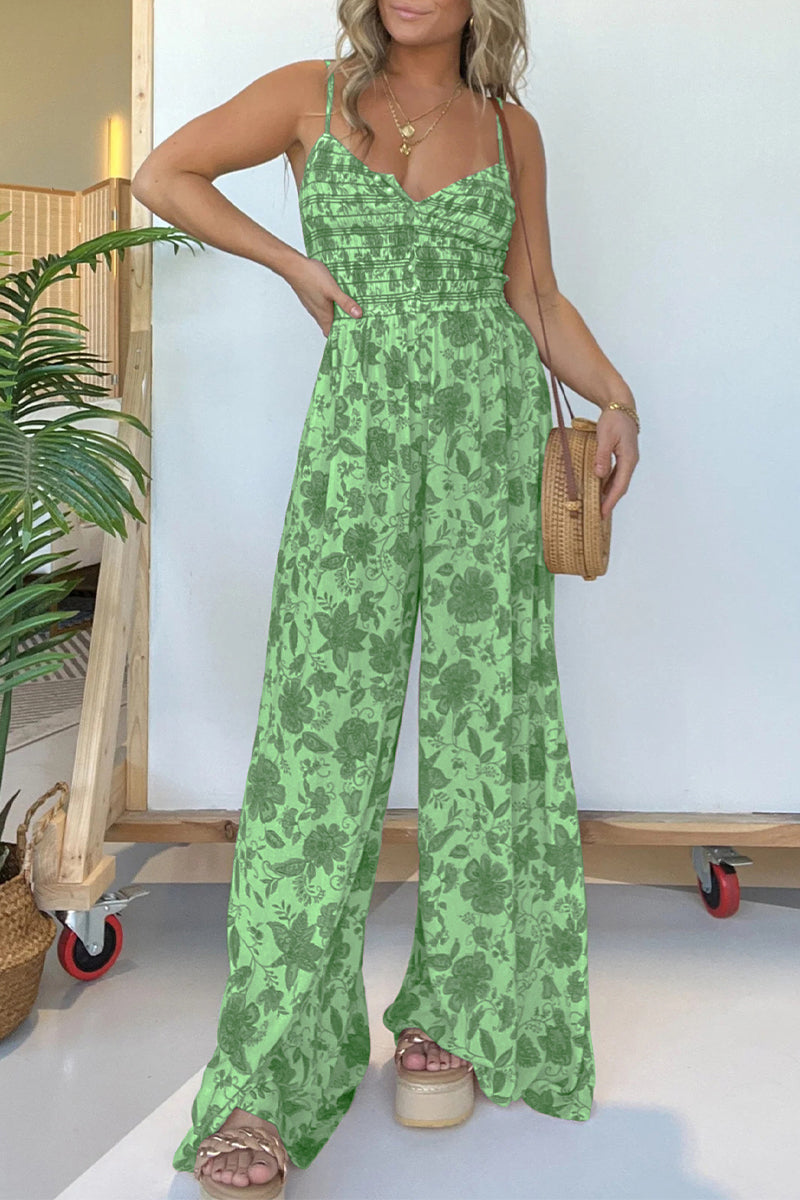 CM | Casual Vintage Print Floral Pleated V Neck Loose Jumpsuits