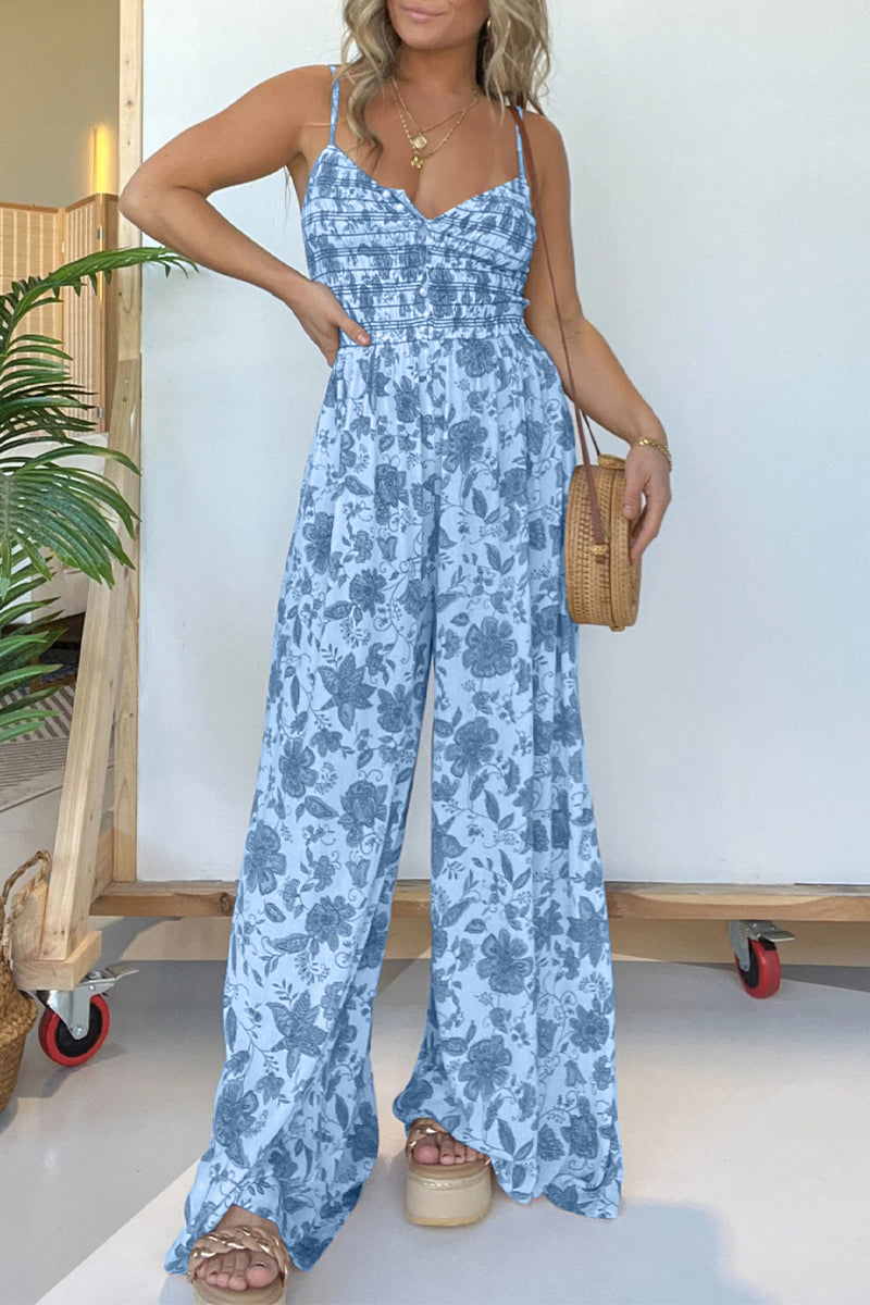 CM | Casual Vintage Print Floral Pleated V Neck Loose Jumpsuits