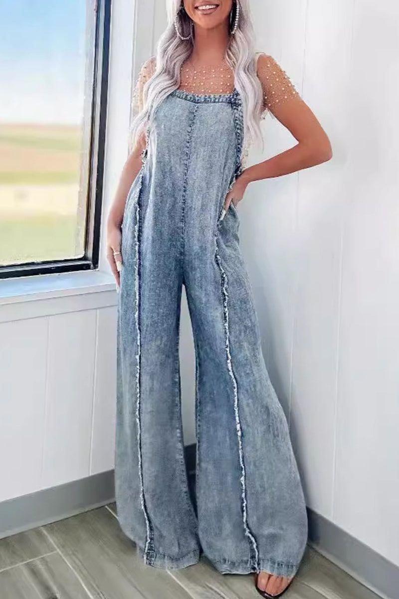 CM | Casual Street Solid Patchwork Backless Square Collar Sleeveless Loose Denim Jumpsuits