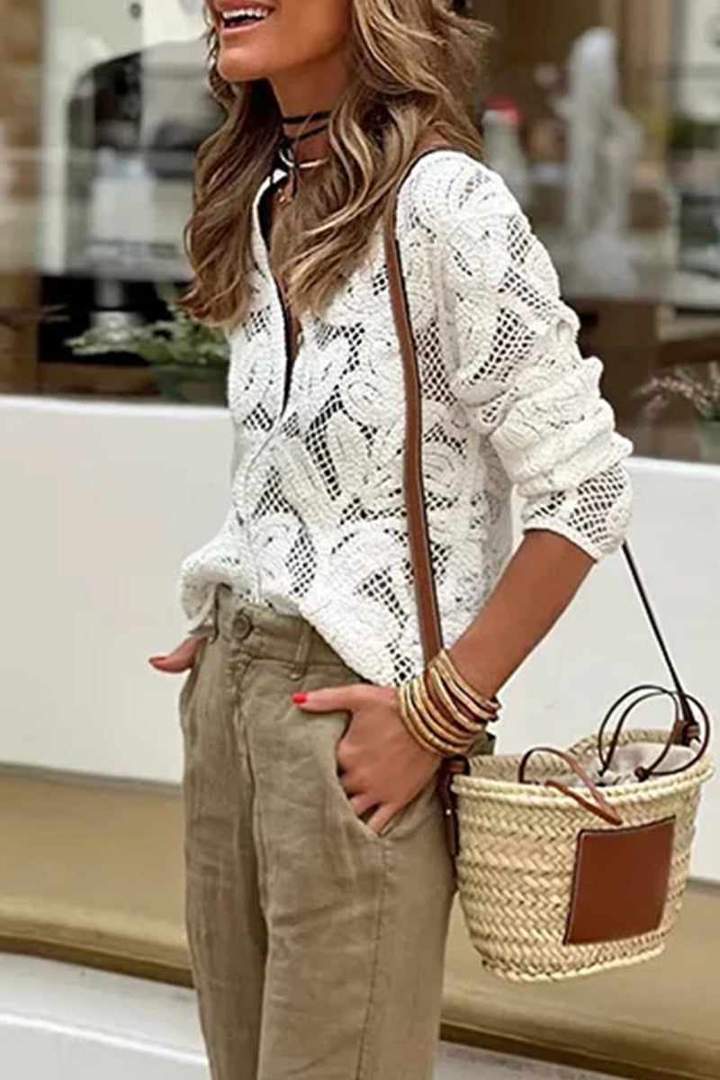 CM | Casual Calle Gancho Flor Color Sólido Hueco Cuello O Blusas
