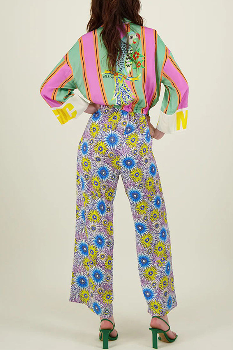 CM | Casual Street Striped Print Floral Pocket Lace Up Buttons Turn Down Collar Loose Jumpsuits