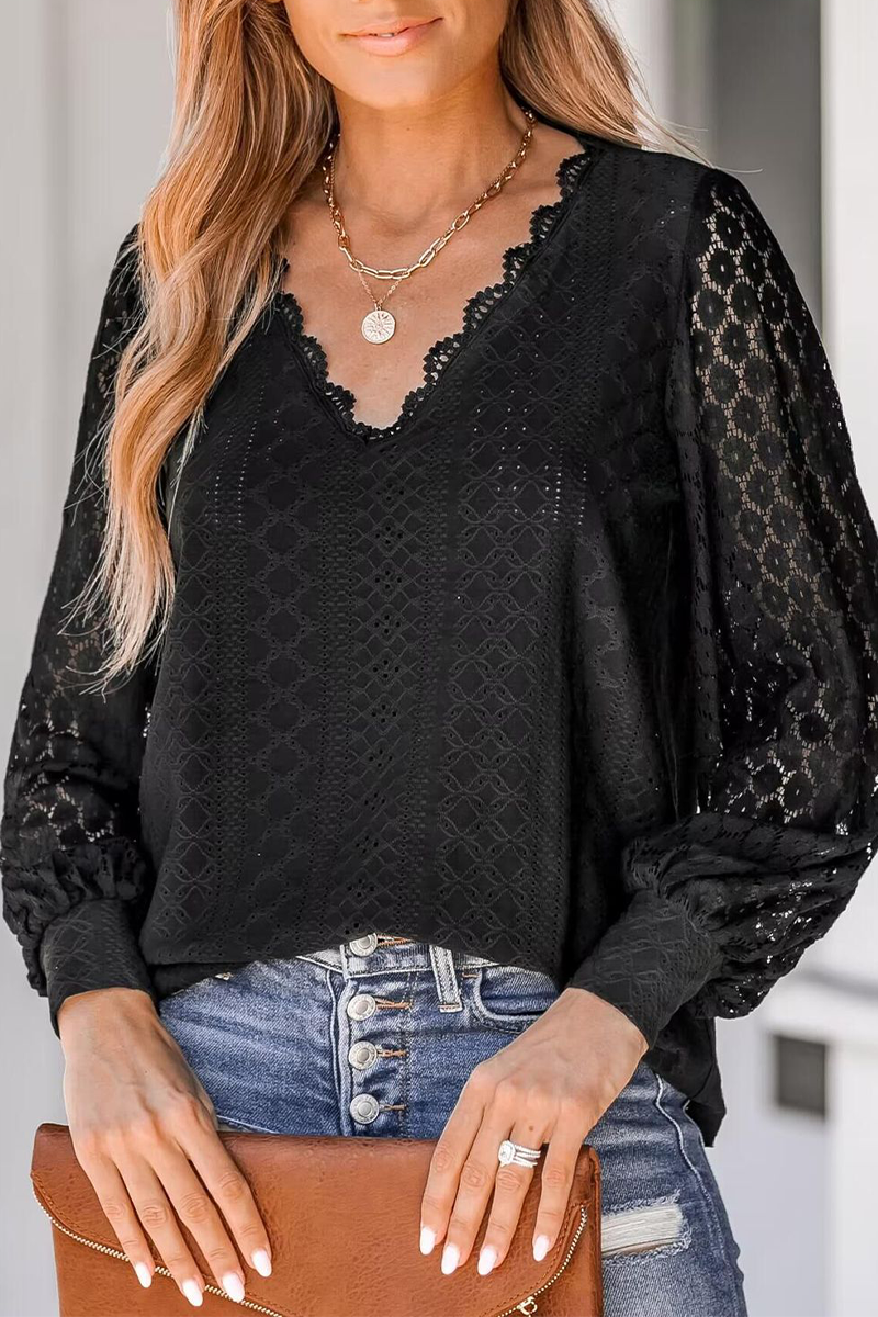 CM | Casual Calle Color Sólido Encaje Cuello en V Blusas