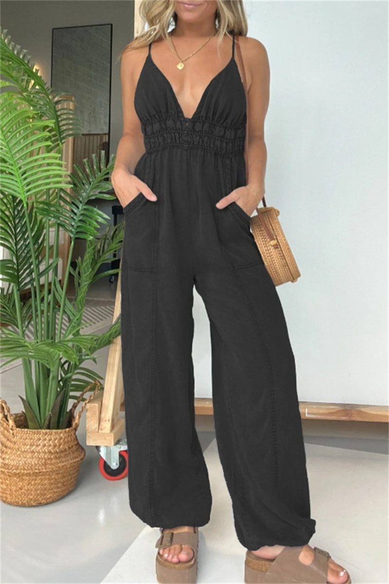 CM | Sexy Casual Solid Color Patchwork Backless Spaghetti Strap Fitted Jumpsuits(5 Colours)