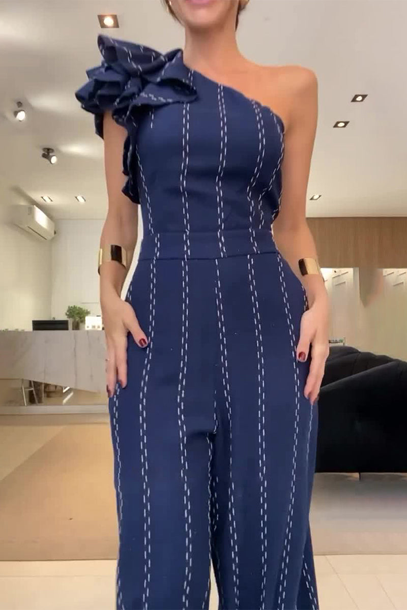 CM | Casual Stripes Irregular Stringy Selvedge Off Shoulder Loose Jumpsuits