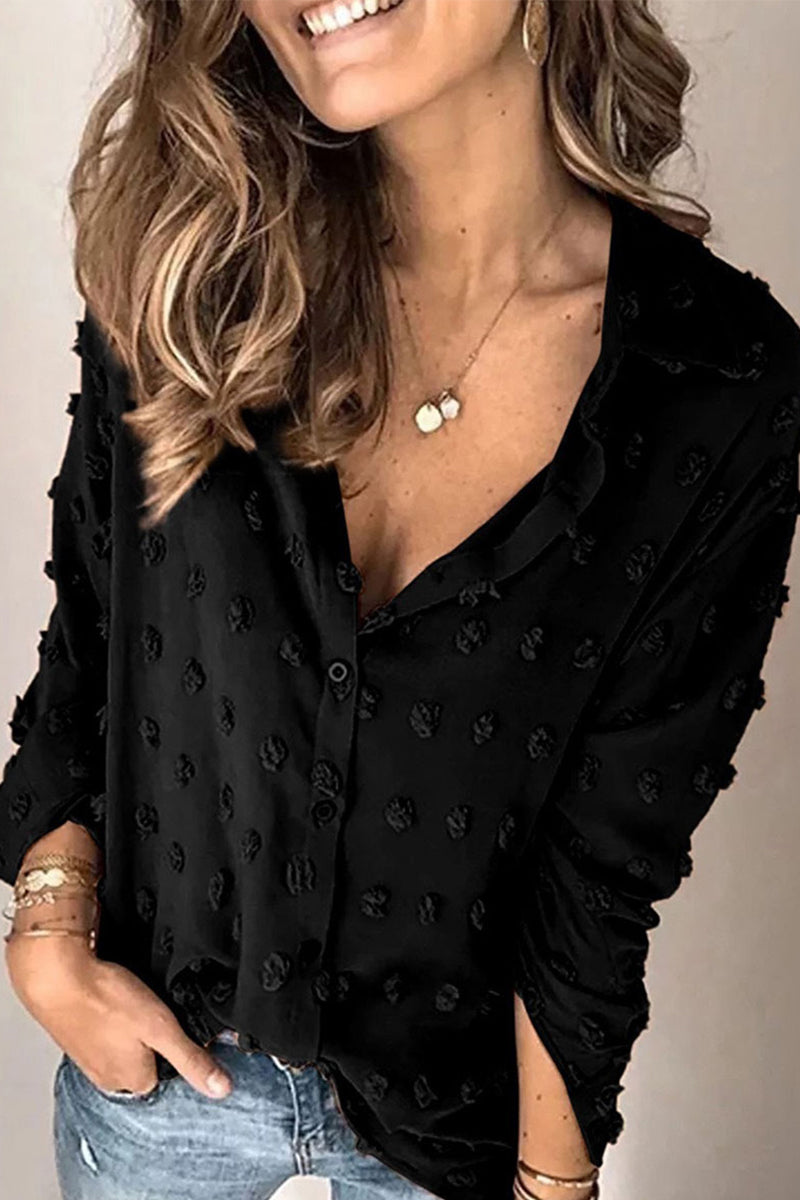 CM | Casual Diaria Botones Bola de Piel Vuelta Abajo Cuello Blusas (3 Colores)