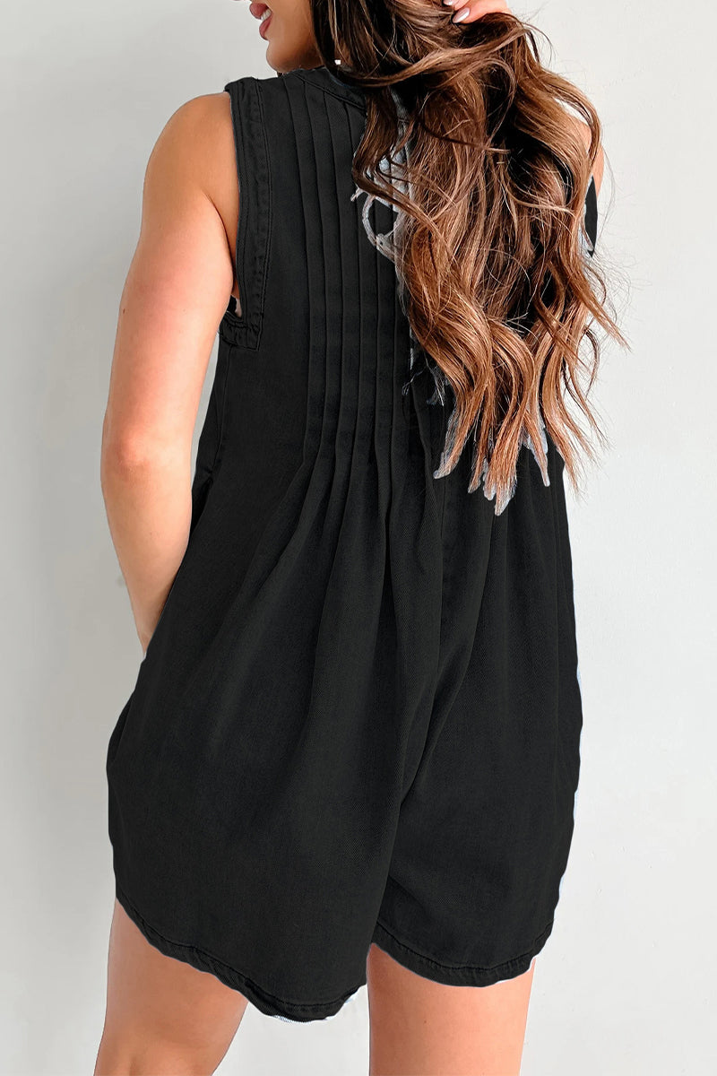 CM | Casual Street Solid Colour Pocket Lace Up V Neck Sleeveless Loose Denim Jumpsuits