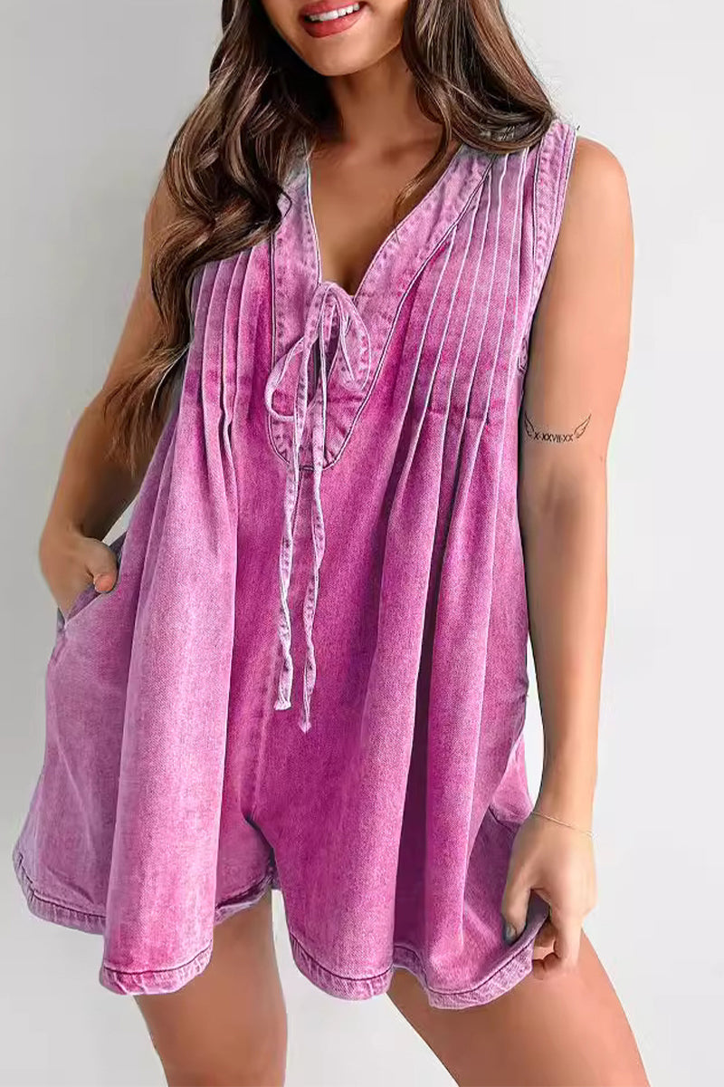 CM | Casual Street Solid Colour Pocket Lace Up V Neck Sleeveless Loose Denim Jumpsuits