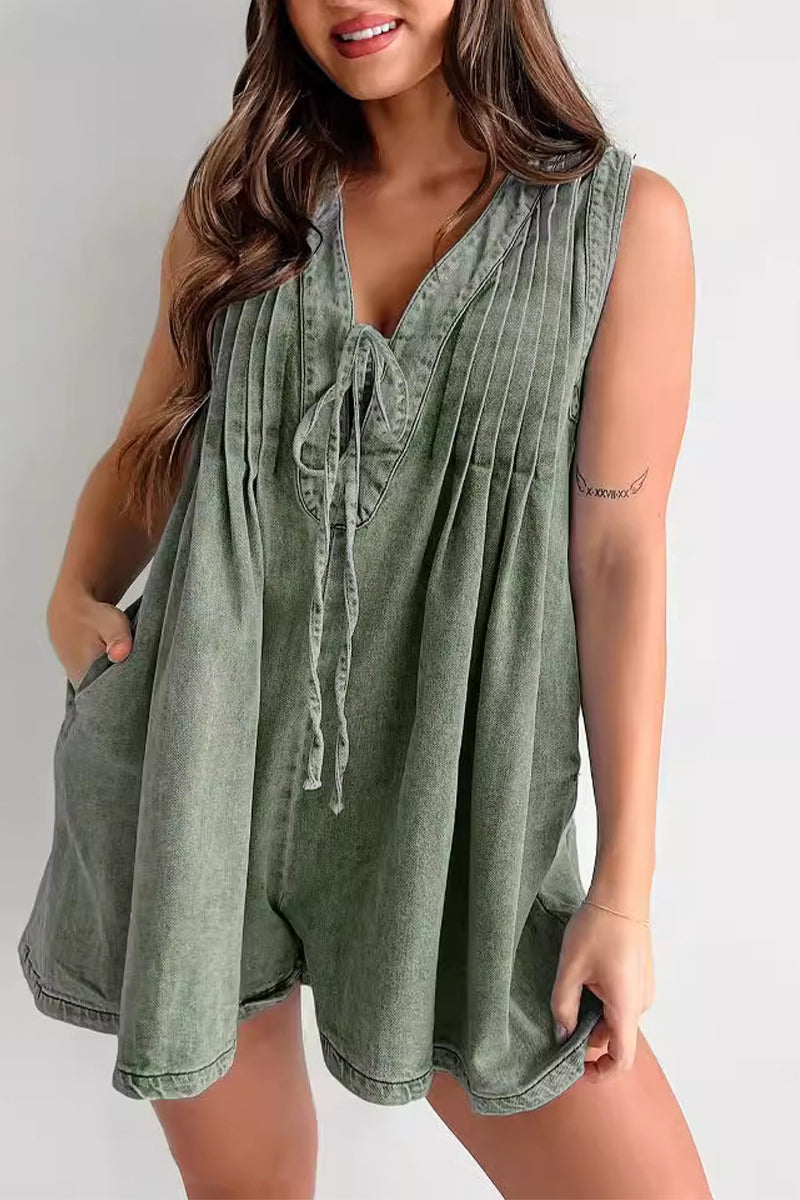 CM | Casual Street Solid Colour Pocket Lace Up V Neck Sleeveless Loose Denim Jumpsuits