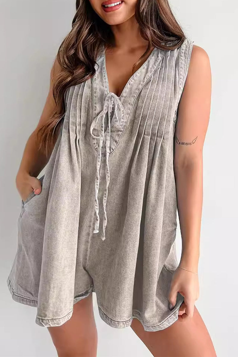 CM | Casual Street Solid Colour Pocket Lace Up V Neck Sleeveless Loose Denim Jumpsuits