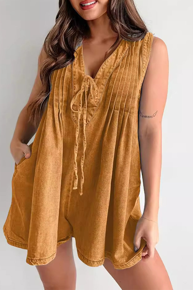 CM | Casual Street Solid Colour Pocket Lace Up V Neck Sleeveless Loose Denim Jumpsuits