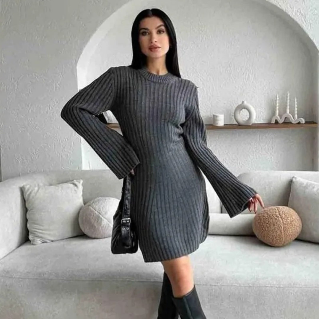 CM | Minivestido de punto de canalé de manga larga para mujer