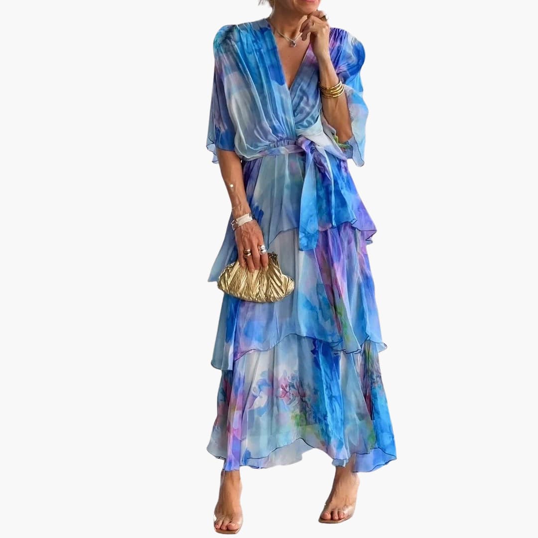CM | Vestido maxi de verano para mujer con cinturón en la cintura y medias mangas