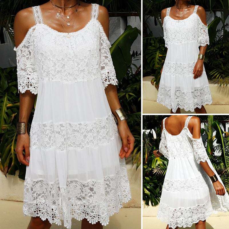 CM | Vestido monocolor de encaje elegante de manga corta y largo medio