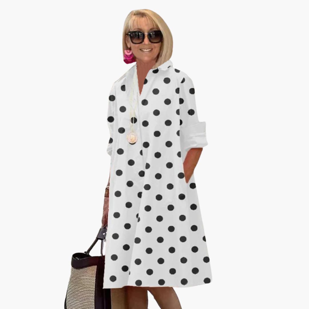 CM | Vestido midi de mujer con manga larga y estampado de lunares