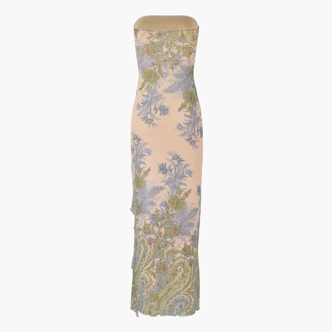 CM | maxi vestido sin tirantes con estampado floral y abertura alta en el bajo