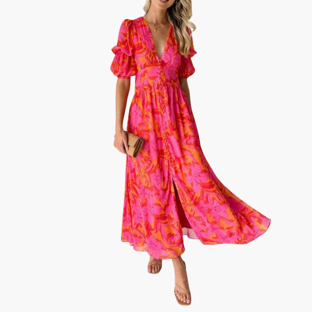 CM | Vestido largo tobillero de mujer con escote en V y mangas abullonadas