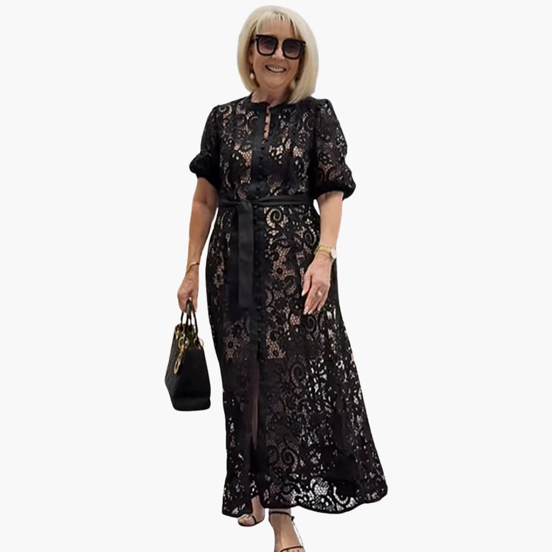 CM | maxi vestido de encaje para mujer con mangas abullonadas y cinturón en la cintura