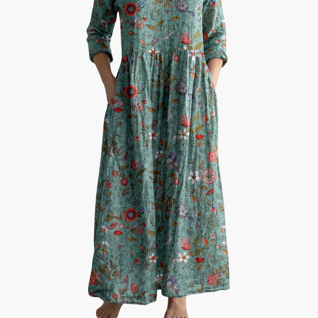 CM | Vestido largo floral de mujer con escote en V y bolsillos laterales