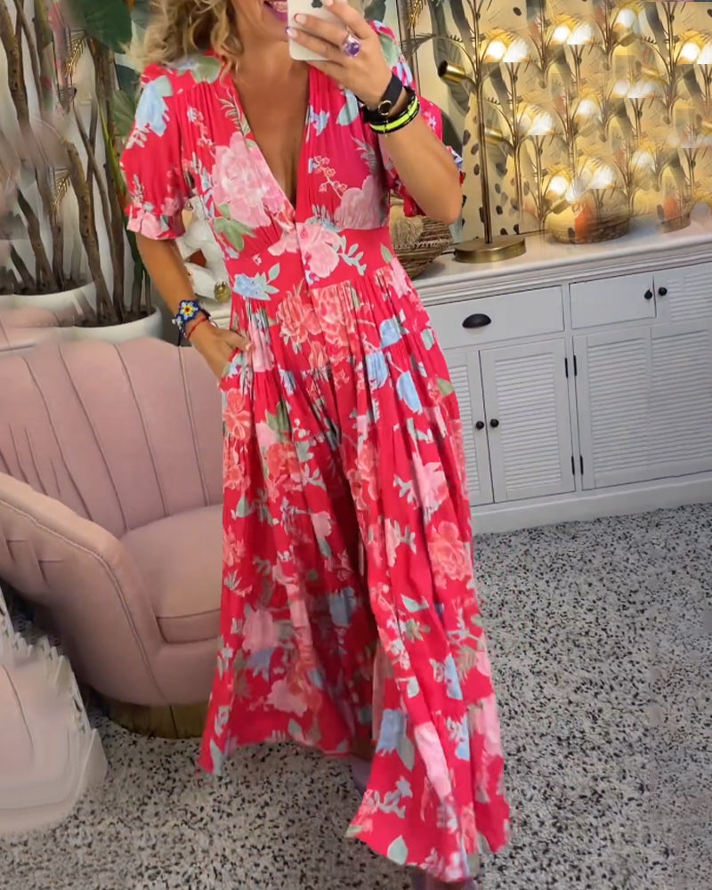 CM | maxi vestido floral de manga corta y cuello en V